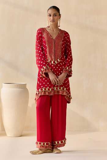 5elements_Red Satin, Modal V-neck Adhira Bandhani Pattern Kurta Set _Online_at_Aza_Fashions