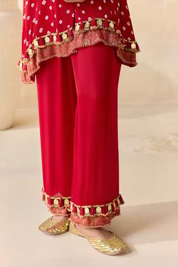 Shop_5elements_Red Satin, Modal V-neck Adhira Bandhani Pattern Kurta Set _Online_at_Aza_Fashions