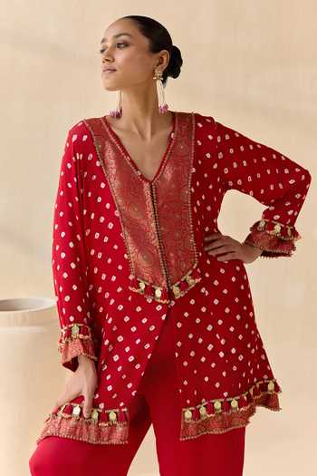 5elements_Red Satin, Modal V-neck Adhira Bandhani Pattern Kurta Set _at_Aza_Fashions