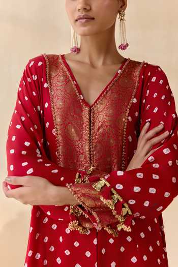 Shop_5elements_Red Satin, Modal V-neck Adhira Bandhani Pattern Kurta Set 
