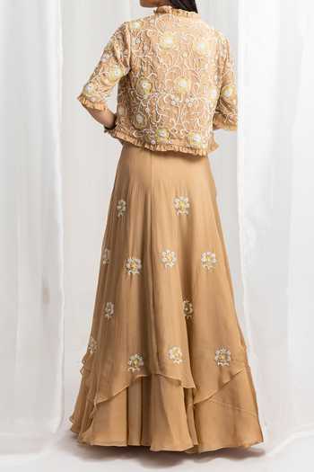 Seema Thukral Gold Hand Embroidered Lehenga & Jacket Set For Kids