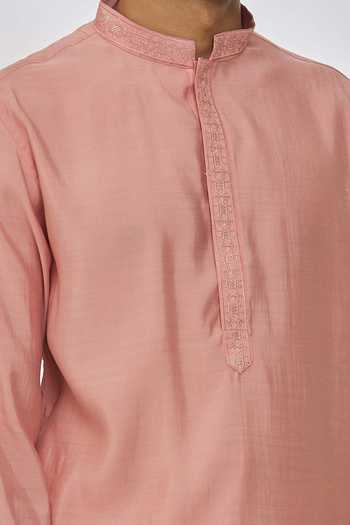 Manish Nagdeo Pink Modal Embroidery Resham Placket Kurta Set For Kids Online at Aza Fashions Manish Nagdeo_Pink Modal Embroidery Resham Placket Kurta Set For Kids_Online_at_Aza_Fashions