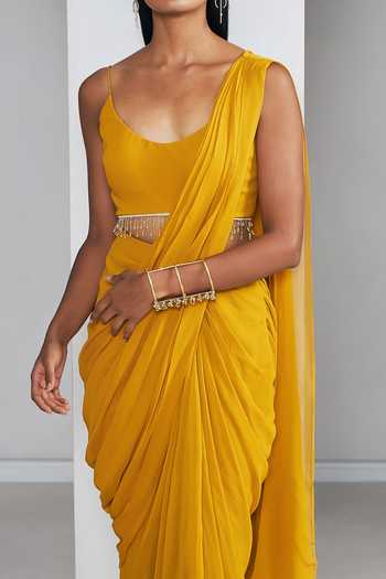 Ankita Bajaj Label Mustard Pre-Draped Saree & Blouse Set For Kids