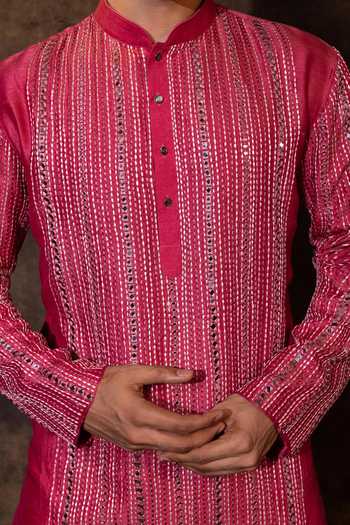 Buy YOSEBA Red Bamboo, Cotton Mirrors, Reddish Pink Thread Work Kurta And Pant Set For Kids Online at Aza Fashions Buy_YOSEBA_Red Bamboo, Cotton Mirrors, Reddish Pink Thread Work Kurta And Pant Set For Kids_Online_at_Aza_Fashions