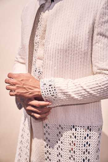Kaaj Button X AZA White Cotton Satin, Chanderi Silk Mirrors, Embroidery Sherwani Set For Kids Online at Aza Fashions Kaaj Button X AZA_White Cotton Satin, Chanderi Silk Mirrors, Embroidery Sherwani Set For Kids_Online_at_Aza_Fashions