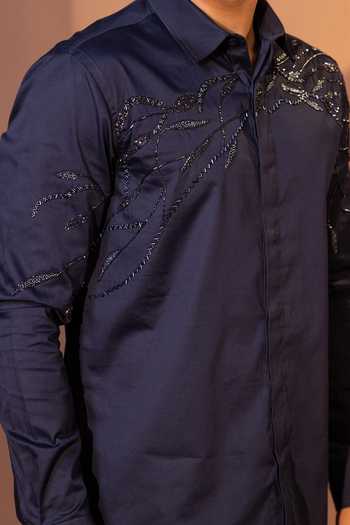 YOSEBA_Blue Cotton Cut Work Geode Cutdana And Chid Embroidered Shirt For Kids_Online_at_Aza_Fashions
