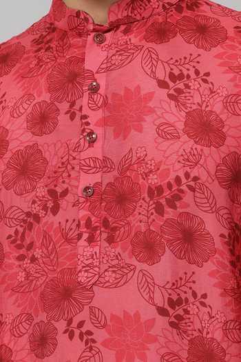 Hilo Design_Red Silk Floral Print Kurta_Online_at_Aza_Fashions