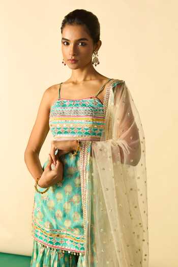 Gopi Vaid Aqua Viscose, Net Square Neck Dhriaa Strappy Short Kurta Sharara Set Online at Aza Fashions Gopi Vaid_Aqua Viscose, Net Square Neck Dhriaa Strappy Short Kurta Sharara Set _Online_at_Aza_Fashions
