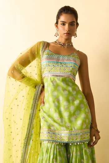 Gopi Vaid Lime Viscose, Net Scoop Neck Dhriaa Print Strappy Kurta Sharara Set Online at Aza Fashions Gopi Vaid_Lime Viscose, Net Scoop Neck Dhriaa Print Strappy Kurta Sharara Set _Online_at_Aza_Fashions