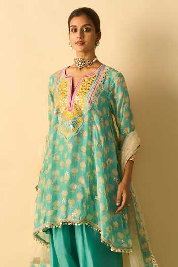 Gopi Vaid_Aqua Viscose, Tussar V-neck, Yes Anvi Print Kurta Farshi Salwar Set _Online_at_Aza_Fashions