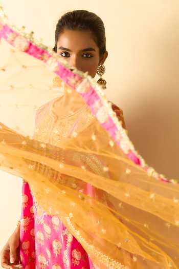Gopi Vaid_Pink Viscose, Tussar Split V-neck Anvi Print High-low Kurta Farshi Salwar Set _Online_at_Aza_Fashions