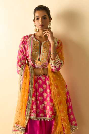 Buy_Gopi Vaid_Pink Viscose, Tussar Split V-neck Anvi Print High-low Kurta Farshi Salwar Set _Online_at_Aza_Fashions