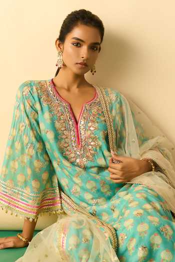 Shop Gopi Vaid Aqua Net, Linen, Viscose, Satin Scoop Neck, Yes Dwiti Print Kurta Palazzo Set Online at Aza Fashions Shop_Gopi Vaid_Aqua Net, Linen, Viscose, Satin Scoop Neck, Yes Dwiti Print Kurta Palazzo Set _Online_at_Aza_Fashions
