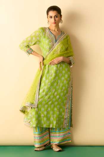Gopi Vaid Lime Viscose, Satin, Linen, Net Scoop Neck Dwiti Butti Print Kurta Palazzo Set Online at Aza Fashions Gopi Vaid_Lime Viscose, Satin, Linen, Net Scoop Neck Dwiti Butti Print Kurta Palazzo Set _Online_at_Aza_Fashions