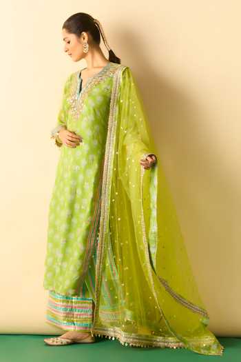 Buy Gopi Vaid Lime Viscose, Satin, Linen, Net Scoop Neck Dwiti Butti Print Kurta Palazzo Set Online at Aza Fashions Buy_Gopi Vaid_Lime Viscose, Satin, Linen, Net Scoop Neck Dwiti Butti Print Kurta Palazzo Set _Online_at_Aza_Fashions