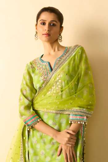 Shop Gopi Vaid Lime Viscose, Satin, Linen, Net Scoop Neck Dwiti Butti Print Kurta Palazzo Set Online at Aza Fashions Shop_Gopi Vaid_Lime Viscose, Satin, Linen, Net Scoop Neck Dwiti Butti Print Kurta Palazzo Set _Online_at_Aza_Fashions