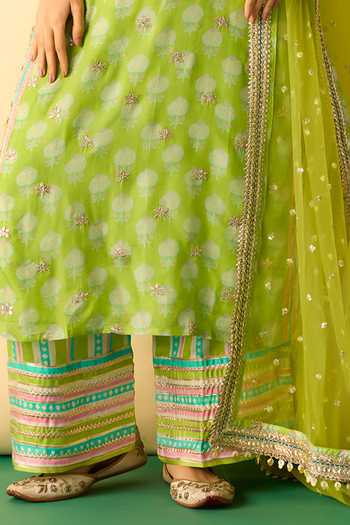 Gopi Vaid Lime Viscose, Satin, Linen, Net Scoop Neck Dwiti Butti Print Kurta Palazzo Set at Aza Fashions Gopi Vaid_Lime Viscose, Satin, Linen, Net Scoop Neck Dwiti Butti Print Kurta Palazzo Set _at_Aza_Fashions