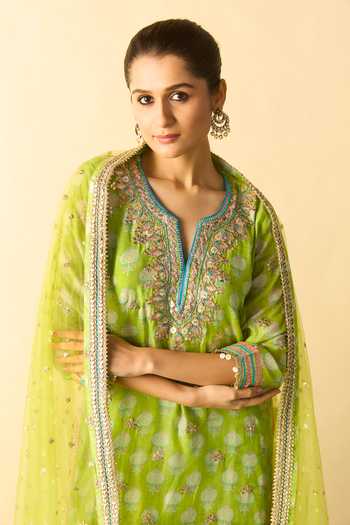 Buy Gopi Vaid Lime Viscose, Satin, Linen, Net Scoop Neck Dwiti Butti Print Kurta Palazzo Set Buy_Gopi Vaid_Lime Viscose, Satin, Linen, Net Scoop Neck Dwiti Butti Print Kurta Palazzo Set