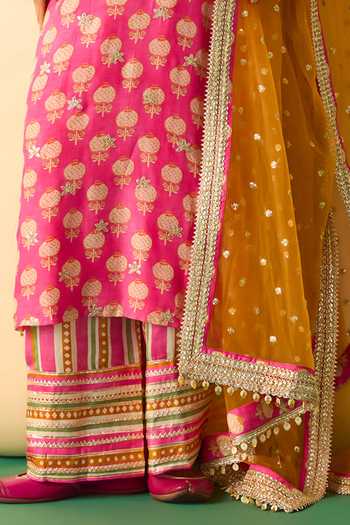 Gopi Vaid_Pink Viscose, Satin, Linen, Net Dwiti Butti Print Straight Kurta Palazzo Set _Online_at_Aza_Fashions