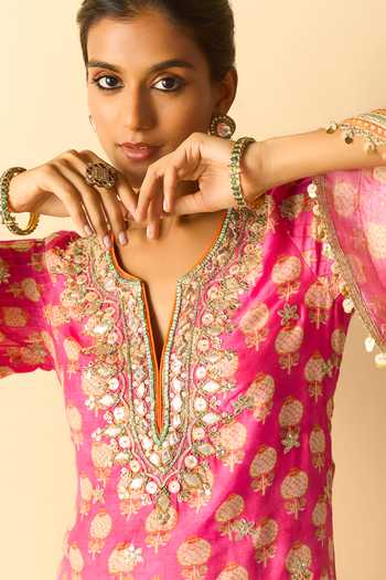 Buy_Gopi Vaid_Pink Viscose, Satin, Linen, Net Dwiti Butti Print Straight Kurta Palazzo Set _Online_at_Aza_Fashions
