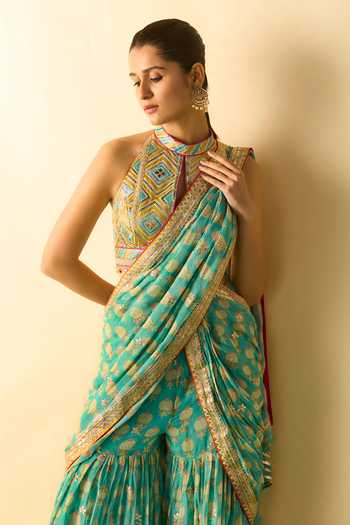 Gopi Vaid_Aqua Georgette Plunge Neck Labdhi Pre-draped Sharara Saree With Blouse _Online_at_Aza_Fashions