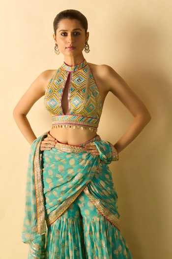Buy_Gopi Vaid_Aqua Georgette Plunge Neck Labdhi Pre-draped Sharara Saree With Blouse _Online_at_Aza_Fashions