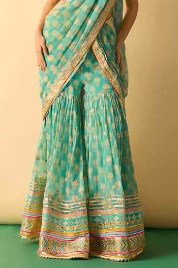 Shop_Gopi Vaid_Aqua Georgette Plunge Neck Labdhi Pre-draped Sharara Saree With Blouse _Online_at_Aza_Fashions