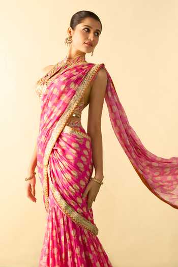 Gopi Vaid_Pink Georgette Halter Neck Labdhi Print Draped Sharara Saree With Blouse _Online_at_Aza_Fashions