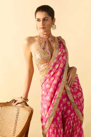 Shop_Gopi Vaid_Pink Georgette Halter Neck Labdhi Print Draped Sharara Saree With Blouse _Online_at_Aza_Fashions