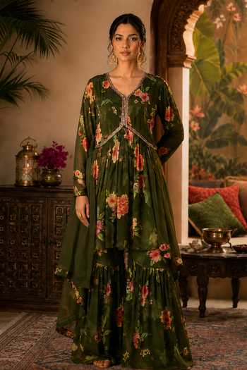 Jhambthreads Green Silk, Chiffon, Polyester V-neck, Yes Printed Kurta Sharara Set Online at Aza Fashions Jhambthreads_Green Silk, Chiffon, Polyester V-neck, Yes Printed Kurta Sharara Set _Online_at_Aza_Fashions