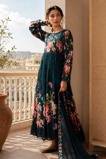Jhambthreads_Green Silk, Chiffon, Polyester Round Neck Floral Print Anarkali With Dupatta _Online_at_Aza_Fashions