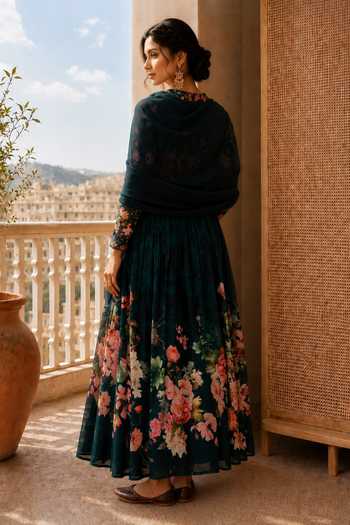 Jhambthreads Floral Print Anarkali With Dupatta