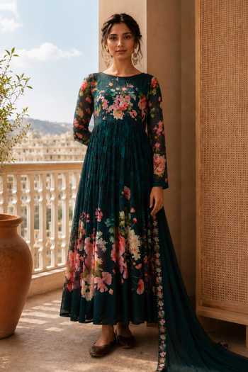 Jhambthreads Floral Print Anarkali With Dupatta