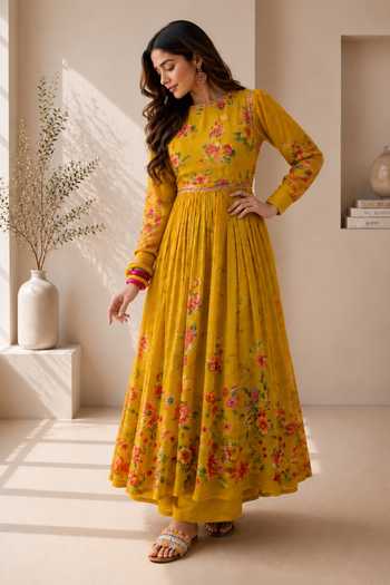 Jhambthreads_Yellow Silk, Chiffon Round Neck Printed Anarkali With Dupatta _Online_at_Aza_Fashions