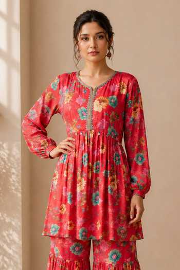 Jhambthreads Pink Silk, Chiffon, Polyester Round Neck, Yes Floral Print Kurta Sharara Set Online at Aza Fashions Jhambthreads_Pink Silk, Chiffon, Polyester Round Neck, Yes Floral Print Kurta Sharara Set _Online_at_Aza_Fashions