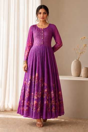 Jhambthreads_Purple Silk, Chiffon, Polyester Round Neck Floral Print Anarkali And Dupatta Set _Online_at_Aza_Fashions