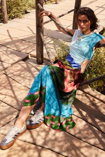 ZiP by Payal & Zinal Multi Color Lycra Round Neck Twirls And Tulips Dress at Aza Fashions ZiP by Payal & Zinal_Multi Color Lycra Round Neck Twirls And Tulips Dress _at_Aza_Fashions