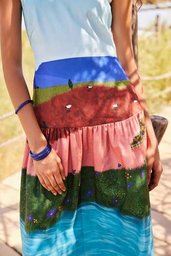 ZiP by Payal & Zinal Multi Color Cotton, Linen Round Neck Fields Of Fancy Print Dress Online at Aza Fashions ZiP by Payal & Zinal_Multi Color Cotton, Linen Round Neck Fields Of Fancy Print Dress _Online_at_Aza_Fashions