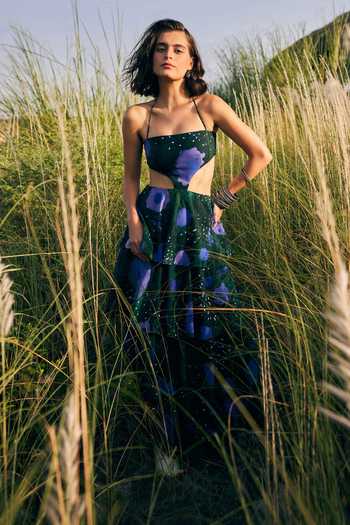 Shop_ZiP by Payal & Zinal_Green Georgette Halter Neck Pansy Fancy Floral Print Dress _Online_at_Aza_Fashions