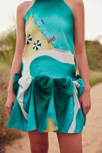 ZiP by Payal & Zinal_Green Cotton, Linen Halter , High Seaside Swirls Dress _Online_at_Aza_Fashions