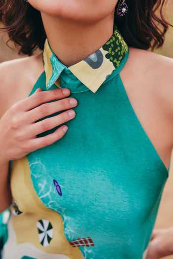Buy_ZiP by Payal & Zinal_Green Cotton, Linen Halter , High Seaside Swirls Dress _Online_at_Aza_Fashions