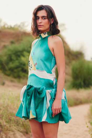 Shop_ZiP by Payal & Zinal_Green Cotton, Linen Halter , High Seaside Swirls Dress _Online_at_Aza_Fashions