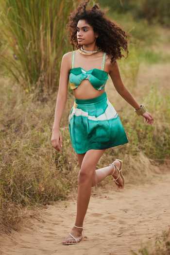 Shop_ZiP by Payal & Zinal_Blue Cotton, Linen Sweetheart Neck Tidal Teal Bustier And Skirt Set _Online_at_Aza_Fashions