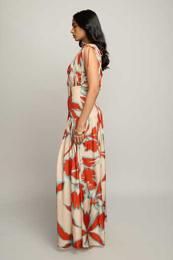 Poppi Orange Silk, Bemberg Boat Neck Floral Print Dress Online at Aza Fashions Poppi_Orange Silk, Bemberg Boat Neck Floral Print Dress _Online_at_Aza_Fashions
