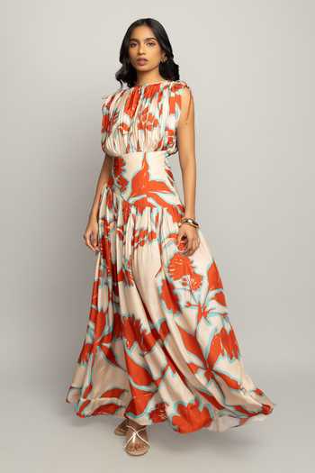 Buy Poppi Orange Silk, Bemberg Boat Neck Floral Print Dress Online at Aza Fashions Buy_Poppi_Orange Silk, Bemberg Boat Neck Floral Print Dress _Online_at_Aza_Fashions