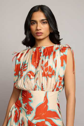Shop Poppi Orange Silk, Bemberg Boat Neck Floral Print Dress Online at Aza Fashions Shop_Poppi_Orange Silk, Bemberg Boat Neck Floral Print Dress _Online_at_Aza_Fashions