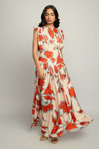Poppi Orange Silk, Bemberg Boat Neck Floral Print Dress at Aza Fashions Poppi_Orange Silk, Bemberg Boat Neck Floral Print Dress _at_Aza_Fashions