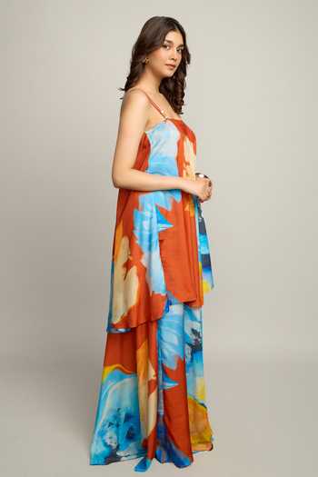Buy_Poppi_Yellow Silk, Bemberg Square Neck Color Block Dress _Online_at_Aza_Fashions