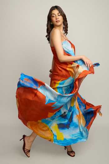 Shop_Poppi_Yellow Silk, Bemberg Square Neck Color Block Dress _Online_at_Aza_Fashions