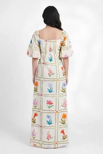 Shop Poppi Yellow Cotton Square Neck Floral Print Maxi Dress at Aza Fashions Shop_Poppi_Yellow Cotton Square Neck Floral Print Maxi Dress _at_Aza_Fashions